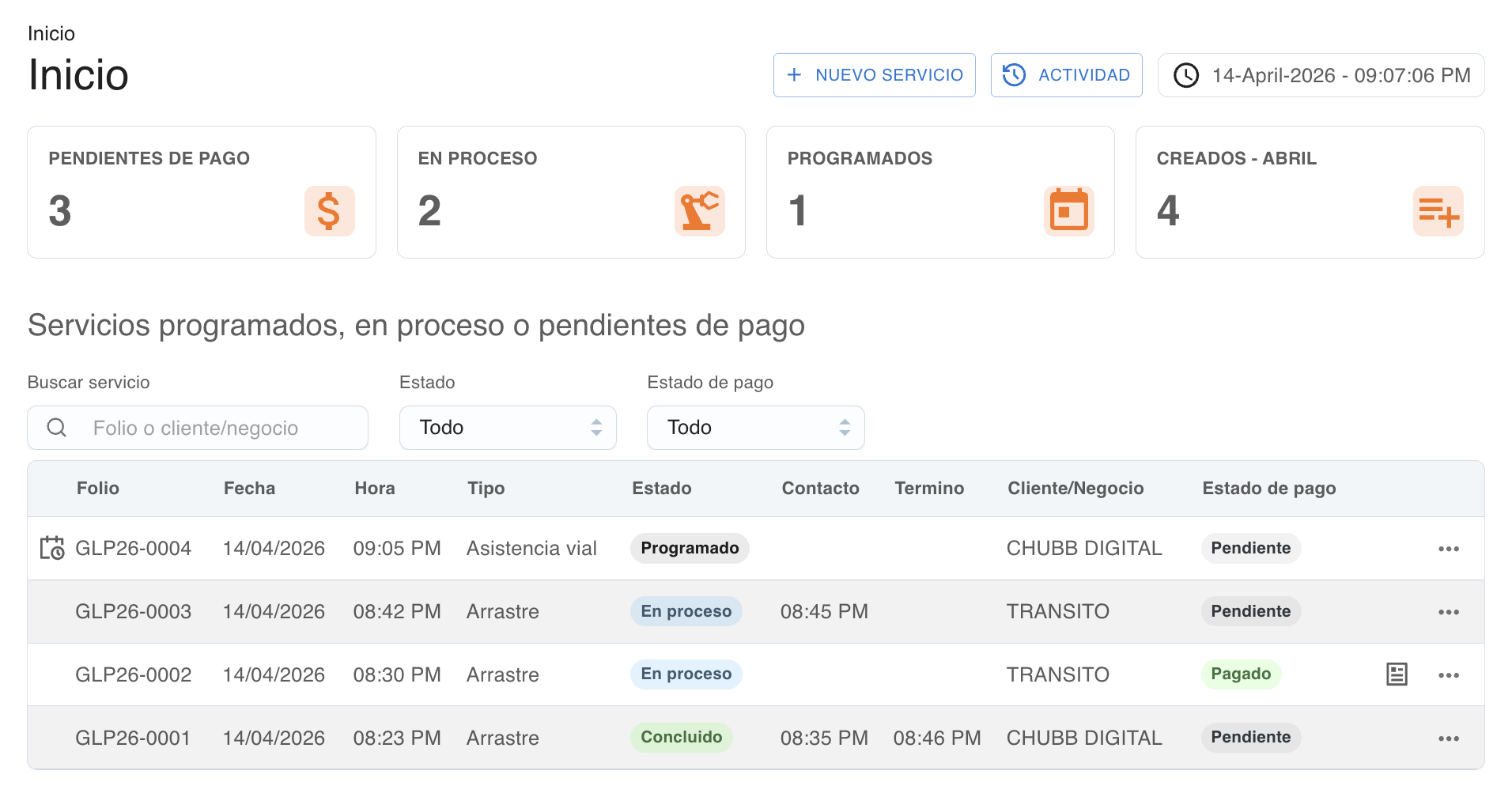 Seguimiento de servicios e ingresos en Gruafy